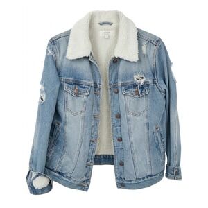 Pacsun Denim Jacket Womens Medium Blue Sherpa Lined Distressed Y2K Grunge Urban